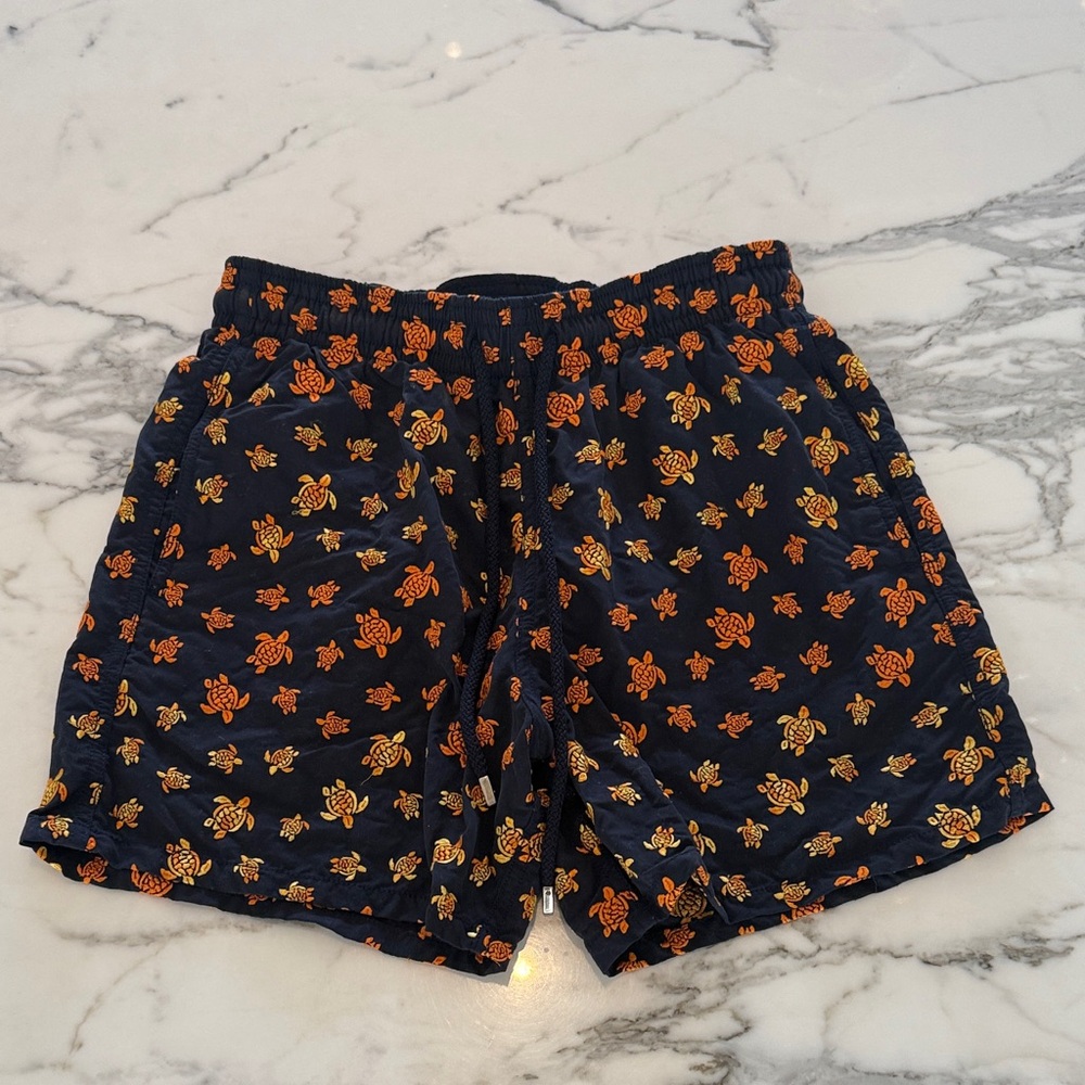 RARE Vilebrequin Embroidered Navy Swim Trunks with Orange & Yellow Turtle Print